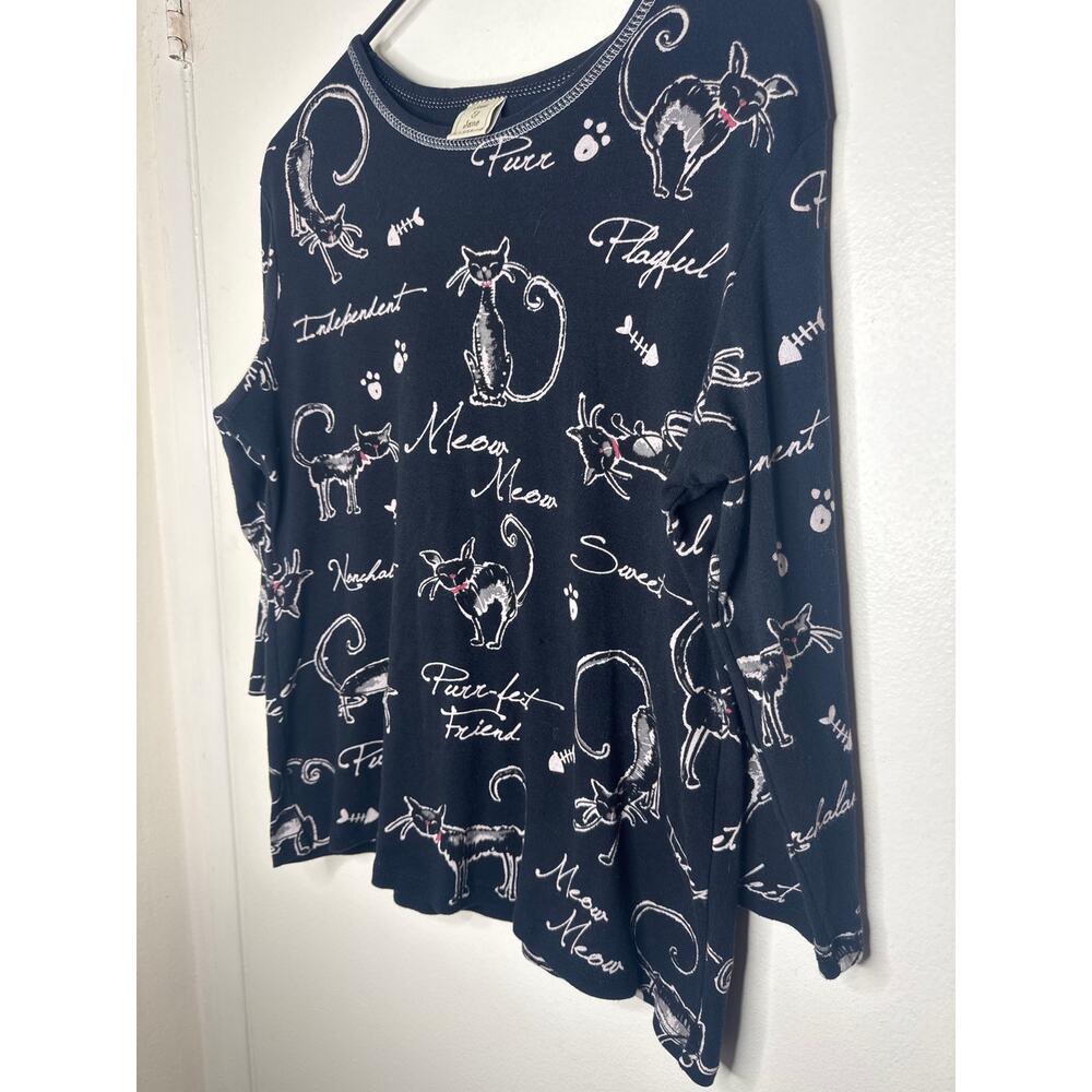 Jess & Jane Black Rhinestone Cat Shirt Graphic Top 3/4 Sleeve Size M Whimsical - Picture 2 of 5